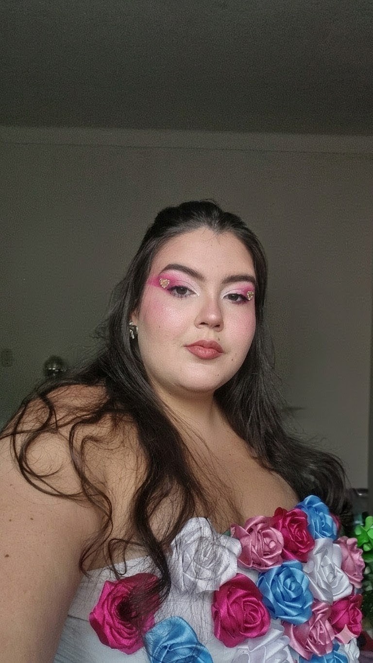 Maquiagem artística rosa com look floral do Lollapalooza 2026